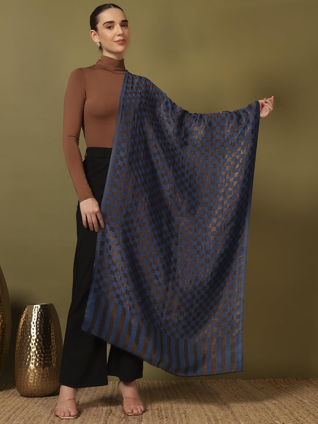 Pashmoda Women Champagne Check Reversible Zari Moonlight Fine Wool Stole (Size : 28x80in, 71X203cm) ZSST02