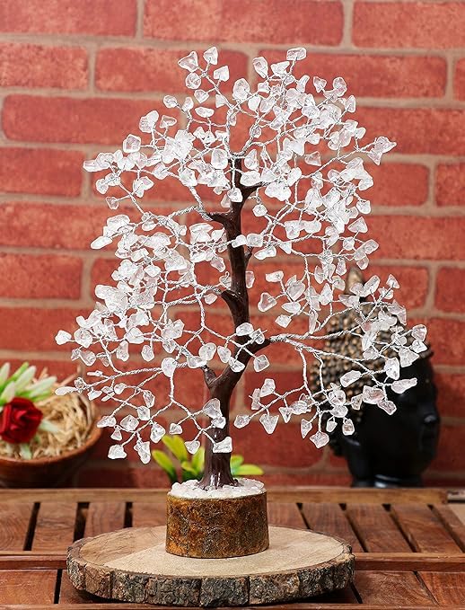 JINALI GEMS ® Clear Quartz Tree - Natural Gemstone Healing Crystal Bonsai Tree of Life- Protection & Aura Cleansing - Size 9-10 inch (Silver Wire - 300 Beads Approx)