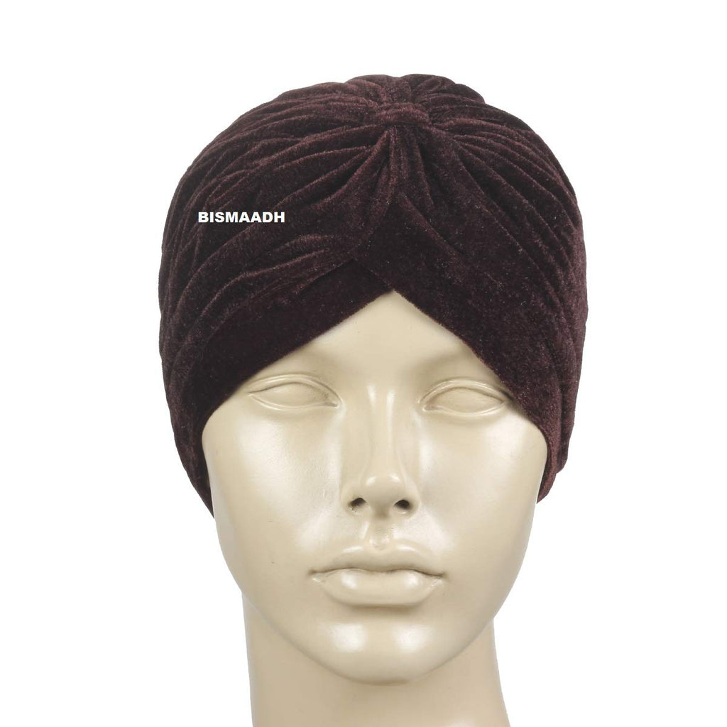 BISMAADH Velvet Soft Pleated Pre Tied Knot Readymade Turban/Pagri Head Wraps for Men & Women Brown