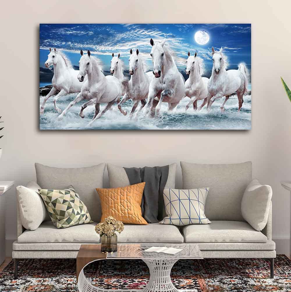 VIBECRAFTS Canvas Paintings for Living Room Drawing Room Beautiful Seven Running Horses Wall Painting in Water Wall Art Fitted with Wooden Frame for Home|Office|Gift(PTVCH_2255NN) (Multi 5)