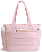 Puffer Tote Bag for Women Quilted Nurse Bag Lightweight Work Bag for Teacher Travel Handbag with Multiple Pockets, Light Pink, 16.3 x 6.3 x 12 inches