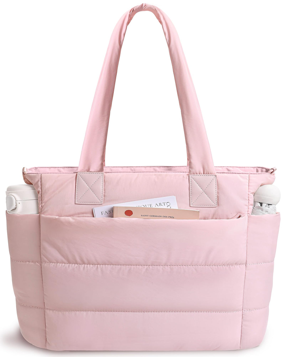 Puffer Tote Bag for Women Quilted Nurse Bag Lightweight Work Bag for Teacher Travel Handbag with Multiple Pockets, Light Pink, 16.3 x 6.3 x 12 inches