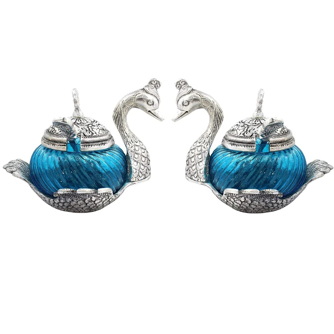 Prince Home Decor & Gifts Metal Home Decor Duck Shape Sky Blue Colored Glass Bowl Tray Set (Silver Blue SP)