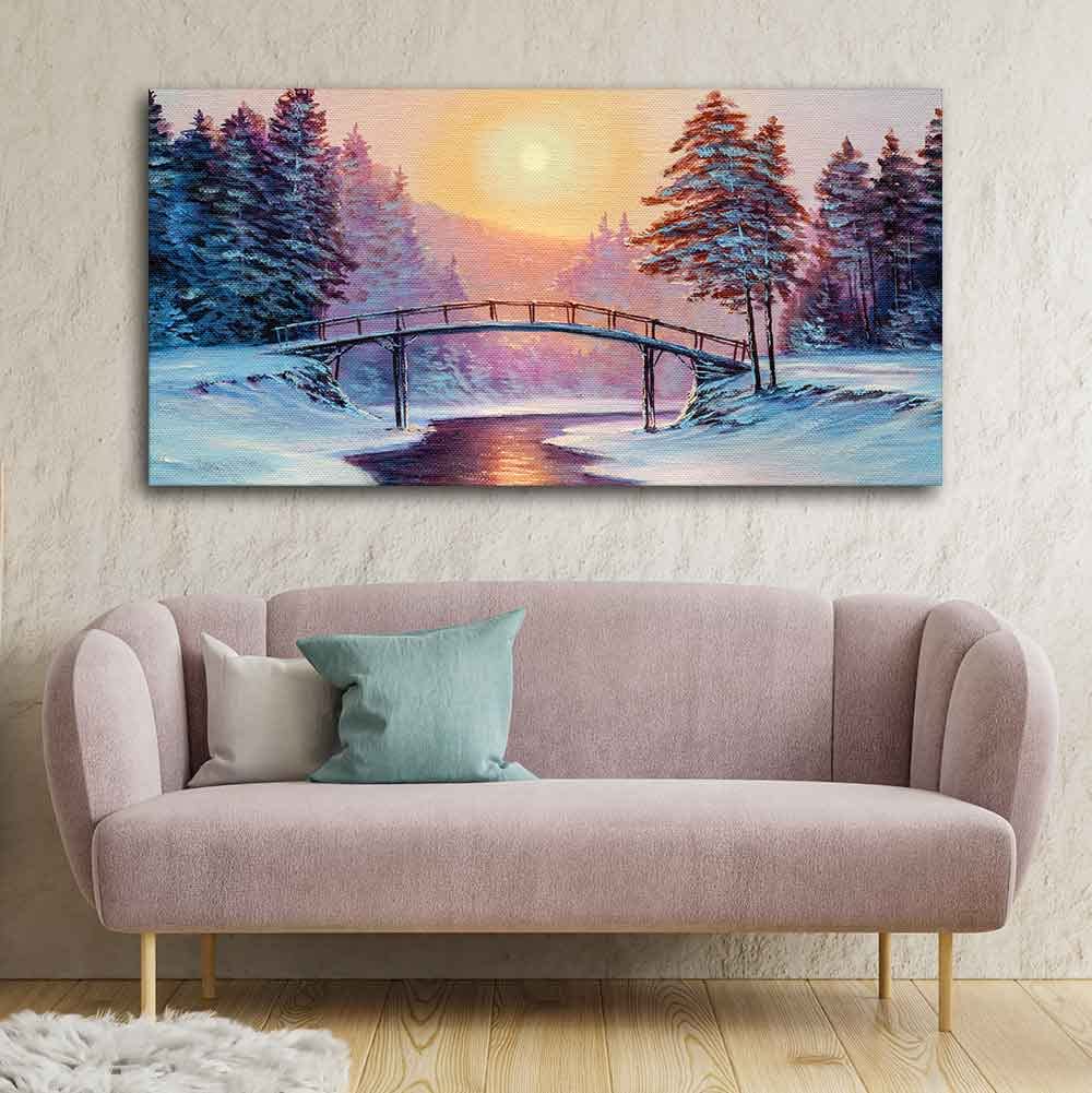 VIBECRAFTS Canvas Paintings for Living Room Drawing Room Premium Wall Painting of Winter Landscape with the River Fitted with Wooden Frame for Home|Office|Gift(PTVCH_2262)(48 x 24 Inches)
