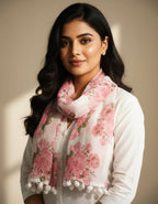 Women's Floral Print MalMal Cotton Scarf with Pom Pom Lace, Pink Rose Pattern, Lightweight Fashion Wrap Shawl