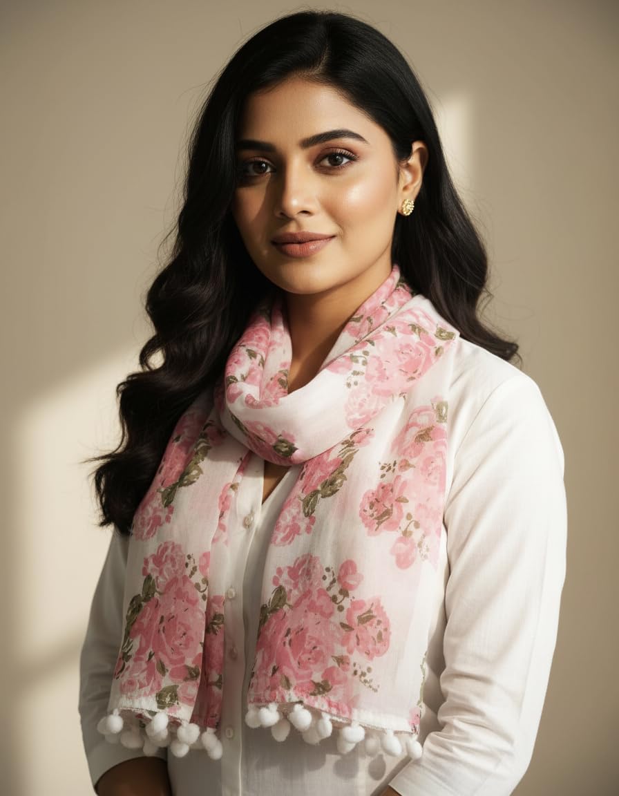 Women's Floral Print MalMal Cotton Scarf with Pom Pom Lace, Pink Rose Pattern, Lightweight Fashion Wrap Shawl