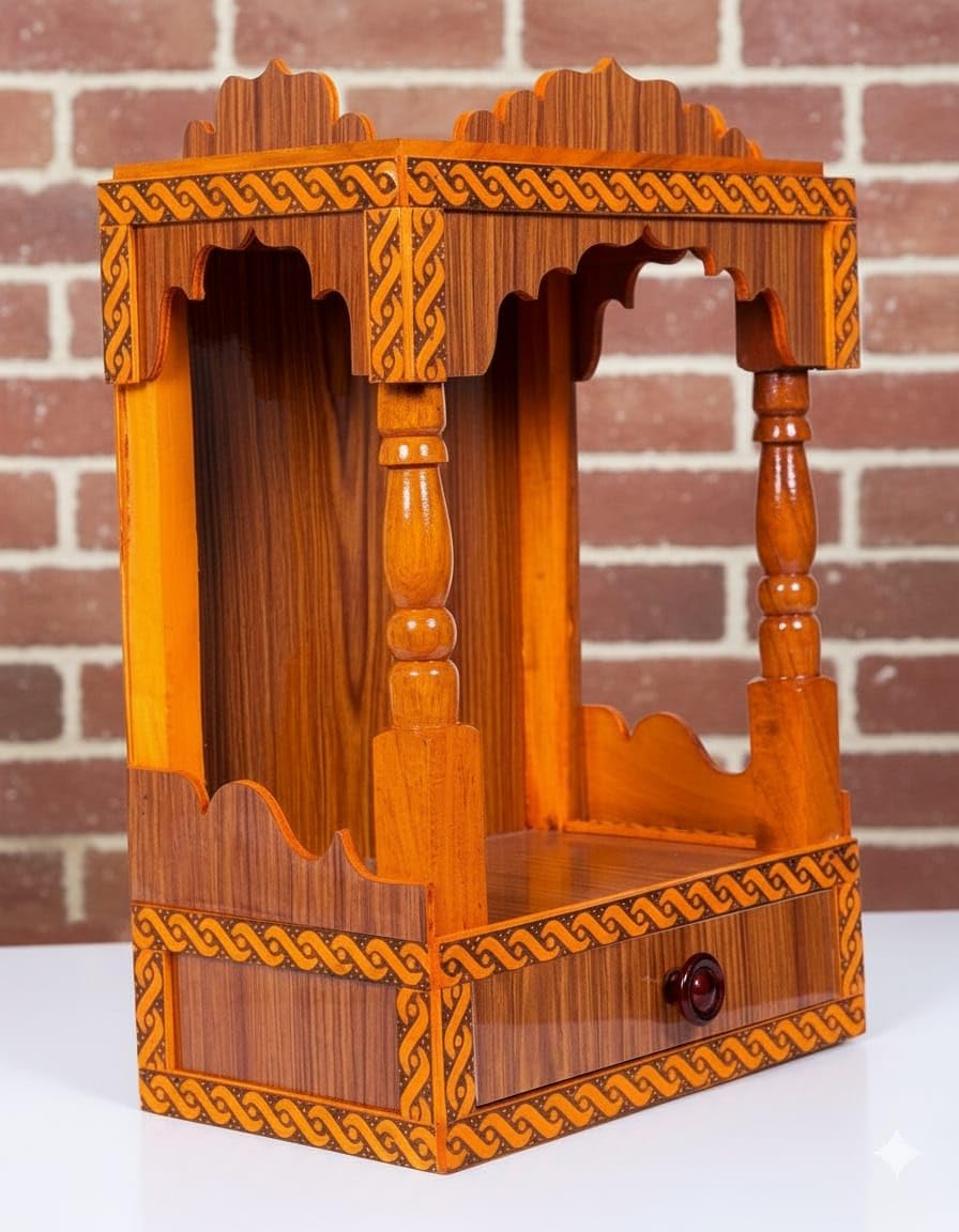 Wooden Home Temple Mandir for Wall & Tabletop | Pooja Mandir with Drawer | Traditional Pooja Mandap for Home Décor (32 x 22 x 45 cm)