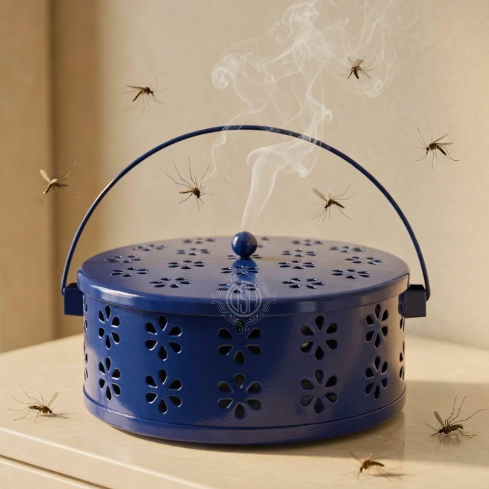 DSH Metal Mosquito Coil Holder with Lid & Handle Ash Catcher Stand for Mosquito Coil Indoor Outdoor Safe Use (Blue)