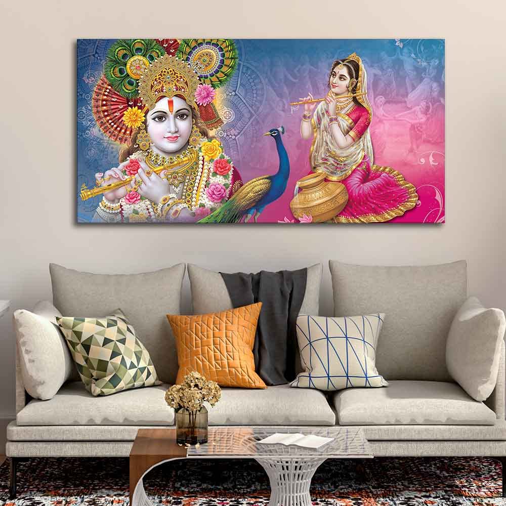 VIBECRAFTS Canvas Paintings for Living Room Drawing Room Radha And Kanha Ji Canvas Wall Painting Fitted With Wooden Frame For Home | Office | Living Room | Gifts (PTVCH_2524)