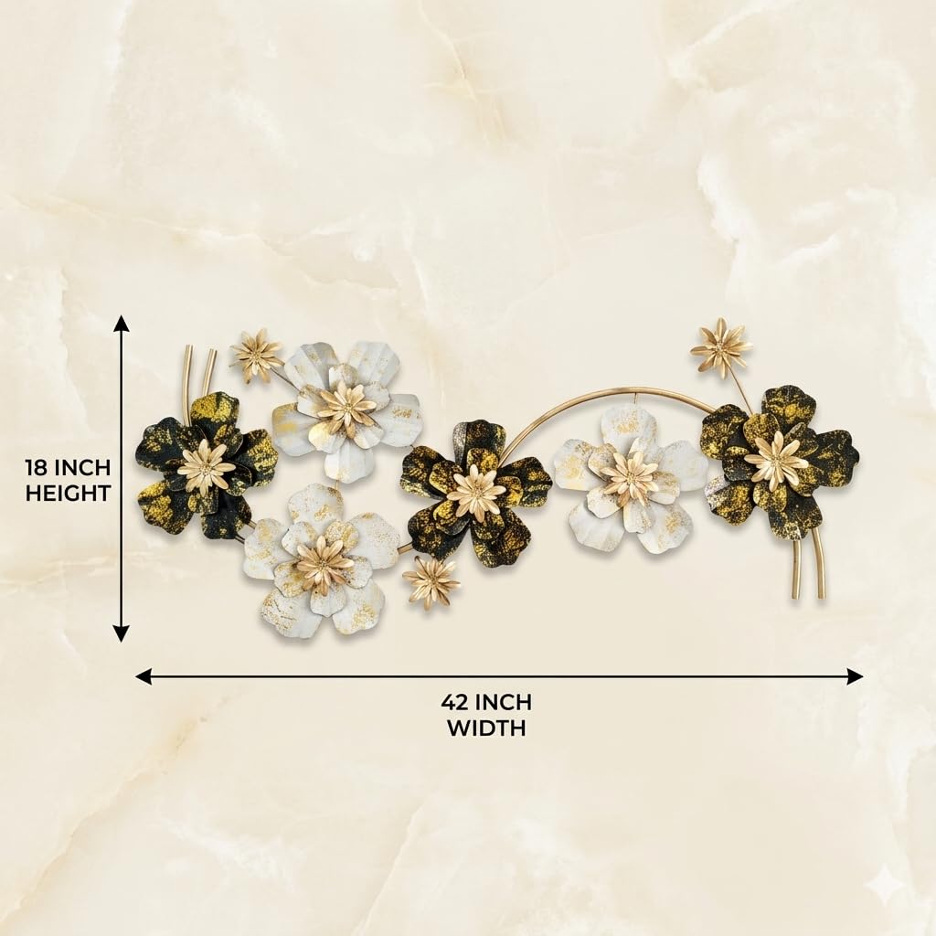 Mahira Artefacts 3D Metal Flower Wall Art, Gold and Black, Iron, Modern Contemporary, Botanical Theme, Matte with Antique Gold Finish, Indoor Wall Decoration
