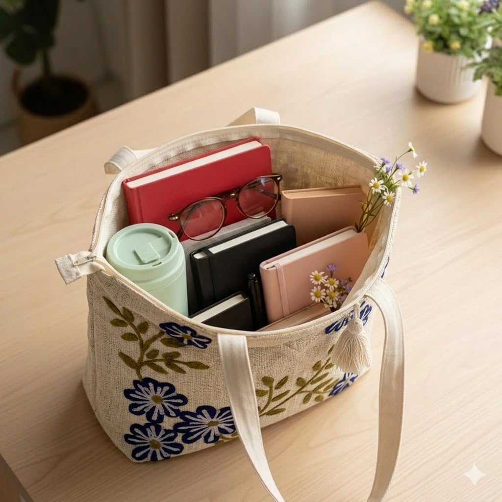 Floral Embroidered Tote Bag, Beige Jute, Blue Flowers with Tassel Zip, Handcrafted Boho Style