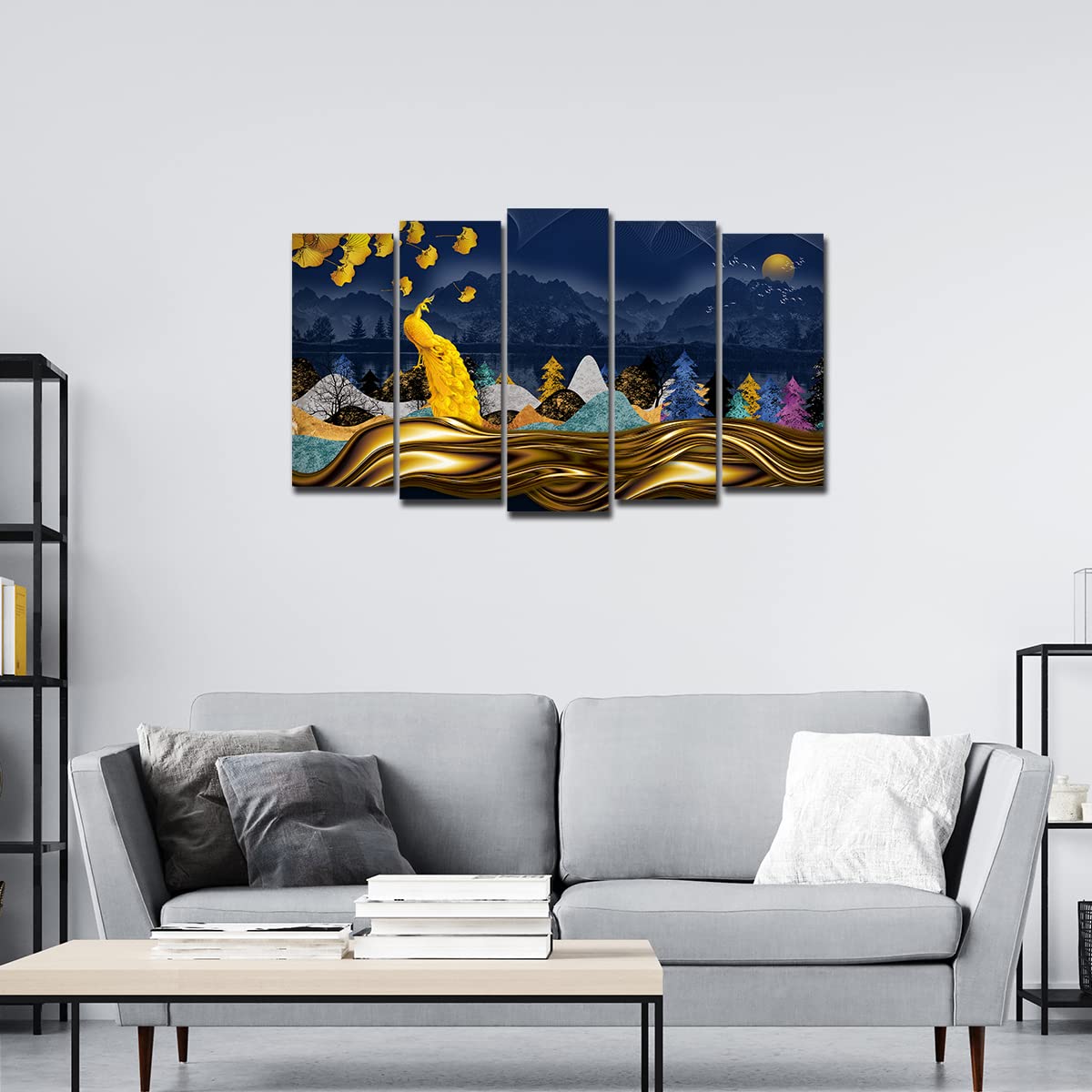 VIBECRAFTS Golden Peacock In Dark Forest 5 Pieces Canvas Wall Painting For Home|Office|Living Room|Gift (PTVC5Pcs2_6513)