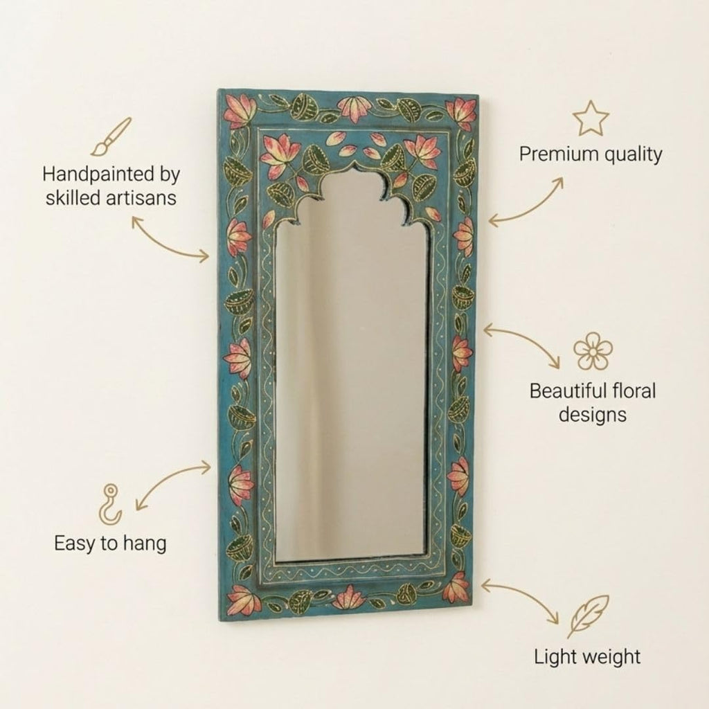 ATRANGI STUDIO Midnight Blue Handpainted Wooden Mirror | Handcrafted Arch Design with Floral Motifs | Rajasthani Traditional Jharokha Style Mirror | Framed Wall Hanging for Home, Bedroom |18x9.5 Inch