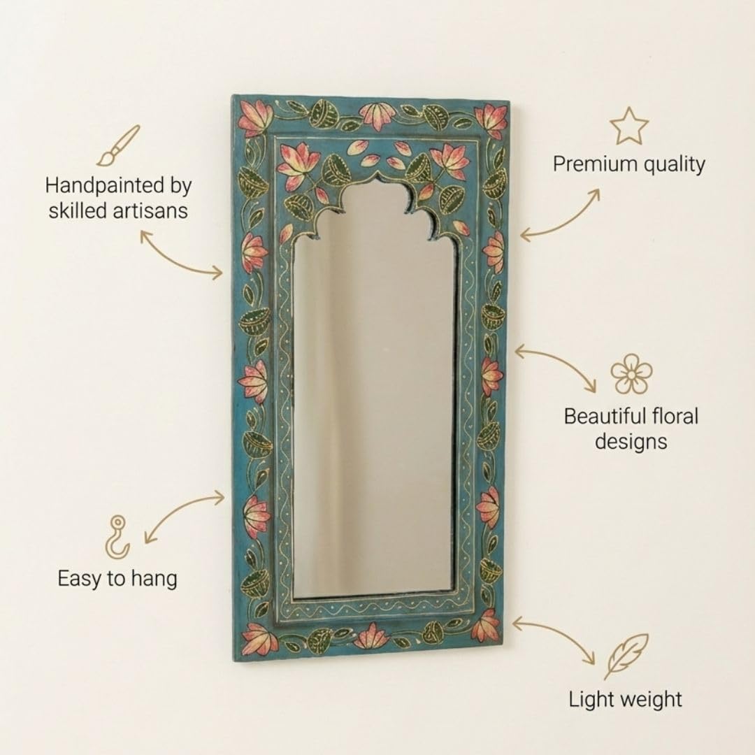 ATRANGI STUDIO Midnight Blue Handpainted Wooden Mirror | Handcrafted Arch Design with Floral Motifs | Rajasthani Traditional Jharokha Style Mirror | Framed Wall Hanging for Home, Bedroom |18x9.5 Inch