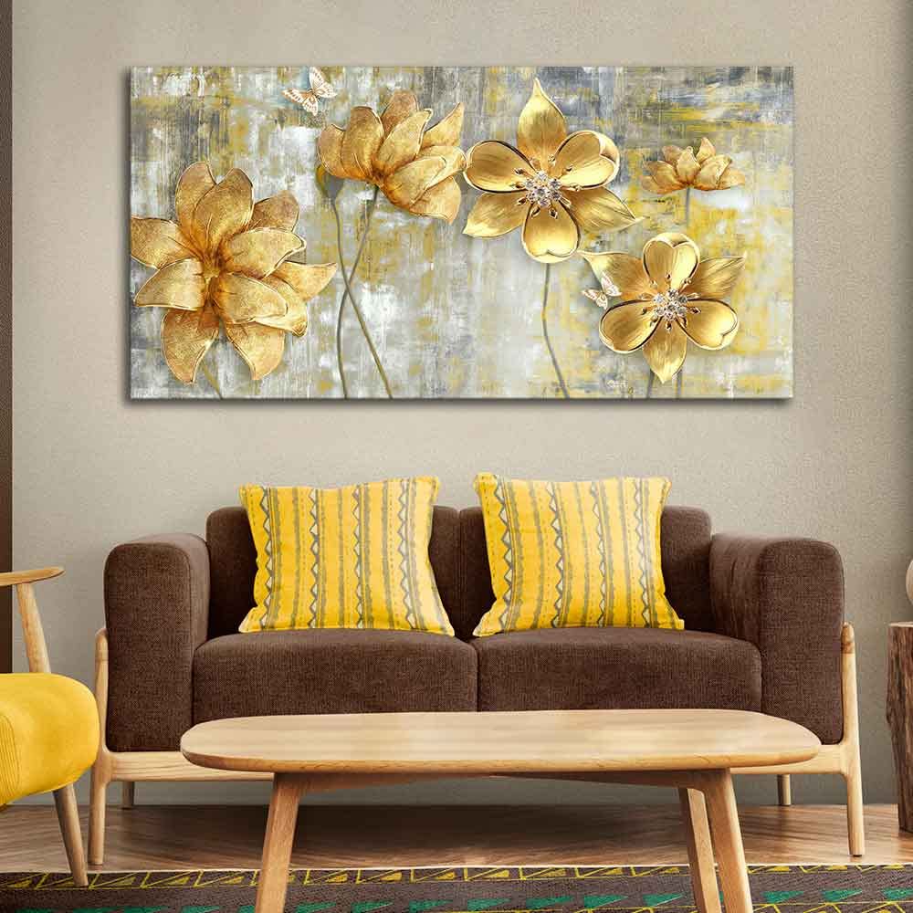 VIBECRAFTS Canvas Paintings for Living Room Drawing Room Golden Flowers Canvas Wall Painting Fitted With Wooden Frame For Home | Office | Living Room | Gifts (PTVCH_2511)