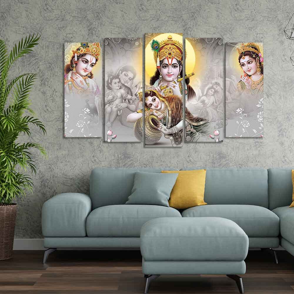 VIBECRAFTS Radha Krishna Premium Wall Painting of Five Pieces Set For Home|Office|Living Room|Gift (PTVC5Pcs2_6612)