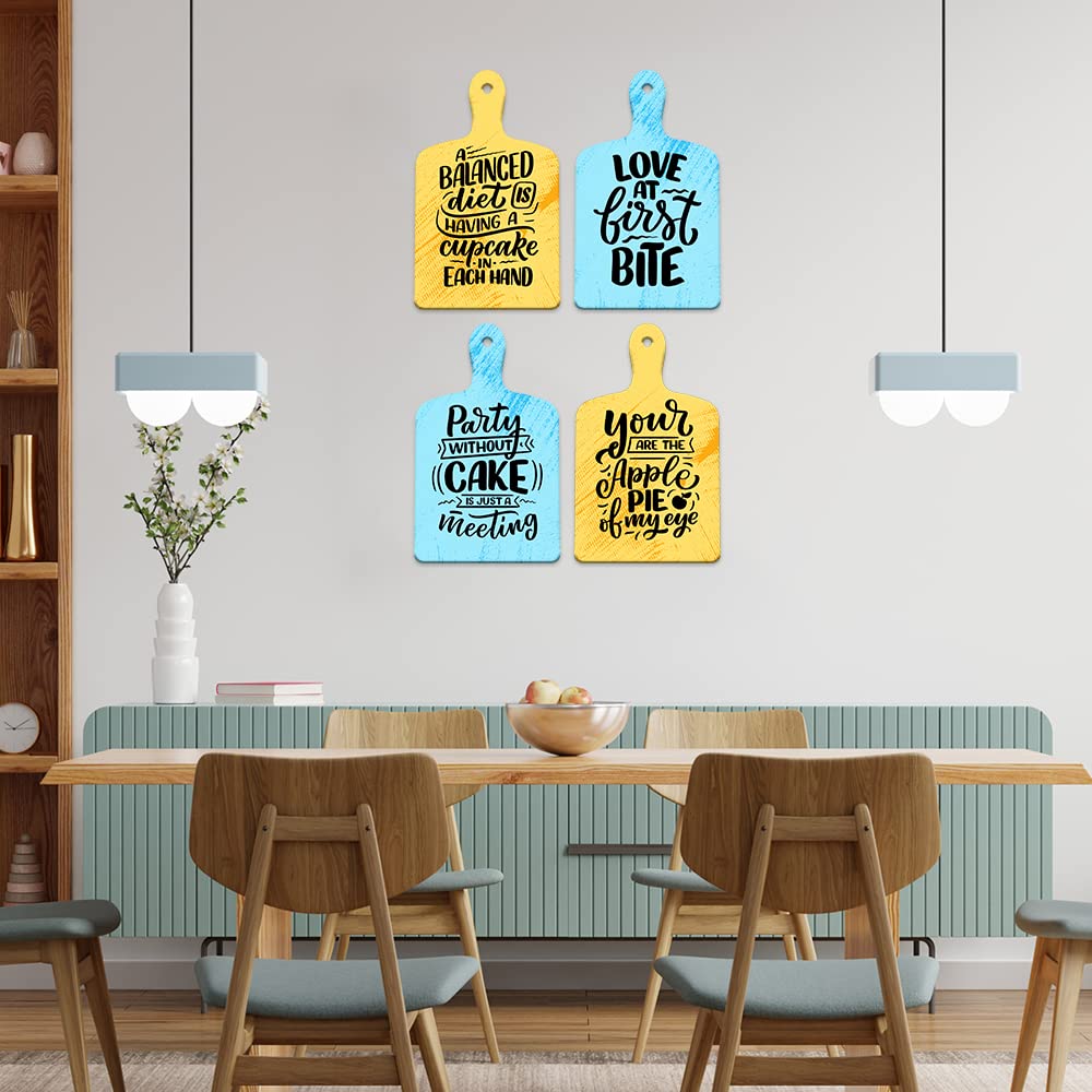 Artvibes Love At First Bite Printed Wooden Wall Hanging for Kitchen | Cafe | Restaurant | Dining Room | Quotes Decor Item | Wall Poster | Food Quotes Decoration | Gift Items(WH_5608N), Set of 4