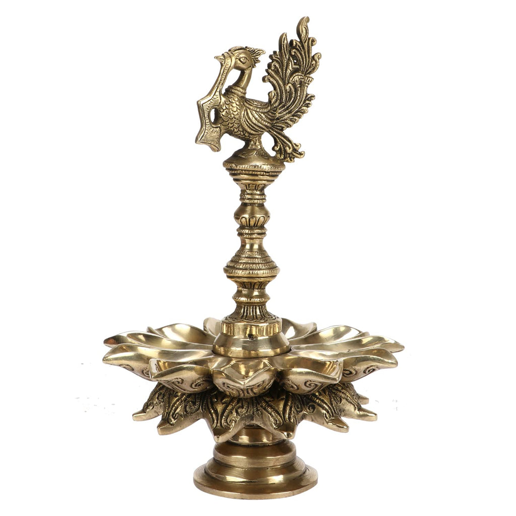 SVARUP Brass Multi Diya Table Stand Diya with Peacock Perched on Central Pillar Deepam for Home Entrance Decor Gift Diwali Pooja