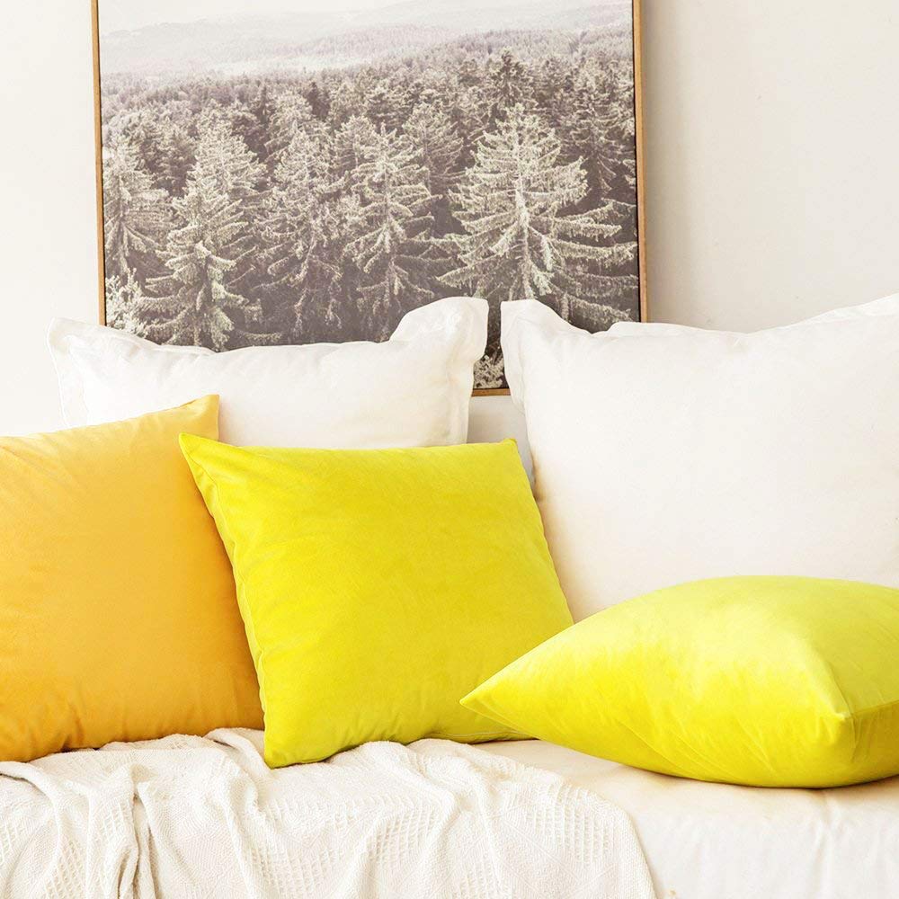 Khooti Velvet Cushion Cover, 26x26 | Lemon Yellow | Pack of 5 | Solid Plain Soft & Smooth, Decorative Cushion Covers for Living Room, Bedroom, Couches, Chairs, Sofas, Beds & Home Decor