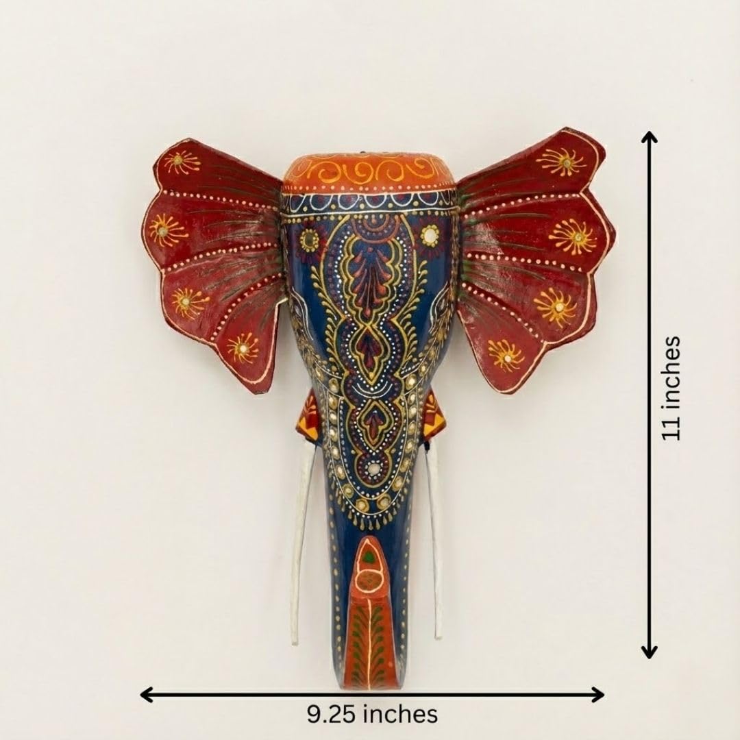 ATRANGI STUDIO Handpainted Wooden Elephant Wall Decor | Ethnic Wooden Wall Art | Symbol of Strength & Wisdom | Wall Hanging for Home, Corridor & Balcony | Ready to Hang | 11 Inch, Blue