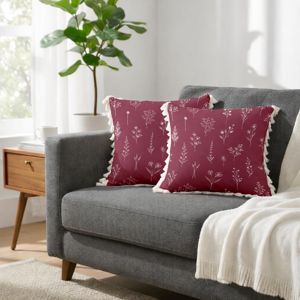 STITCHNEST 'Little Meadow Series' Tassled Cushion Cover | Set of 2 | Floral Cushion Cover 24 inch x 24 inch