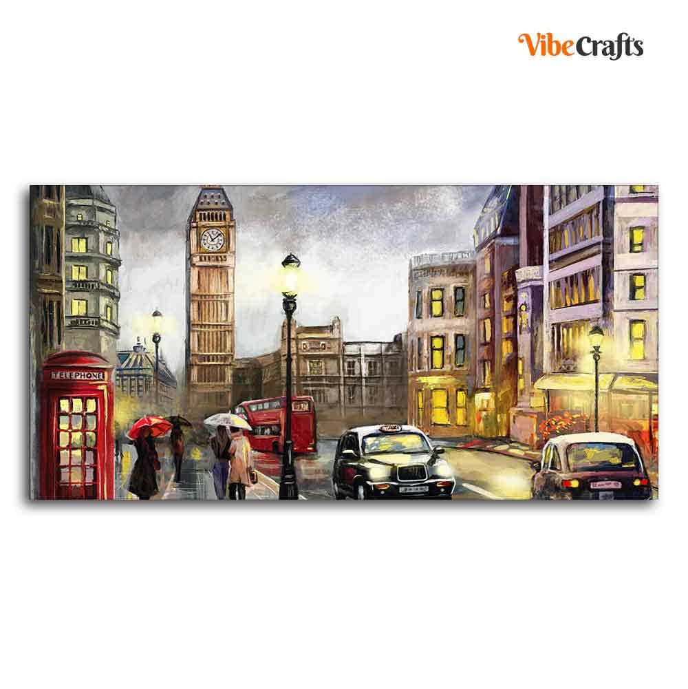 VIBECRAFTS Canvas Paintings for Living Room Drawing Room Street view of London Premium Wall Painting Fitted with Wooden Frame for Home|Office|Gift(PTVCH_2264)(48 x 24 Inches)
