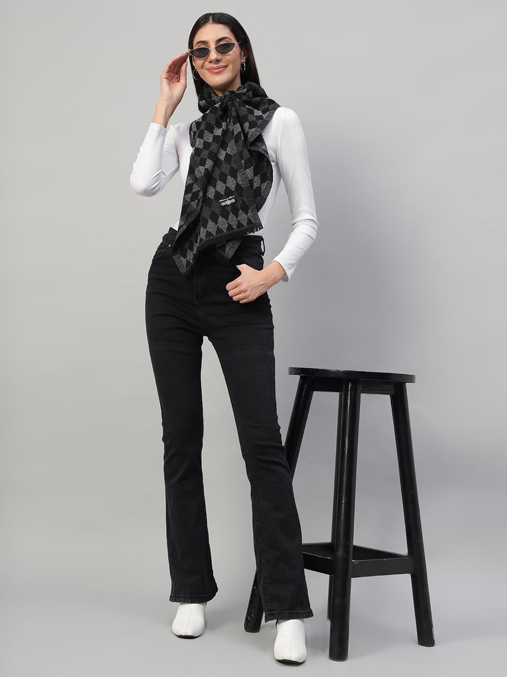 Ravaiyaa - Attitude is everything Women Woolen Ikat Design Casual Warm Winter Wear Muffler Scarf Stole 72x14 Inch (Black & Grey Check)