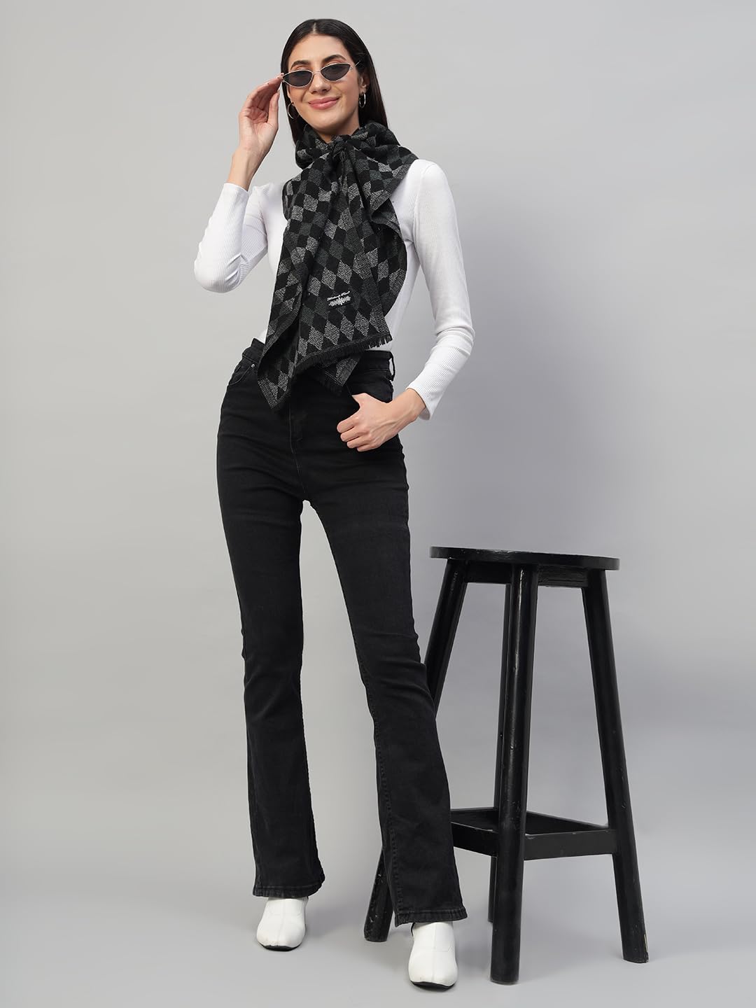 Ravaiyaa - Attitude is everything Women Woolen Ikat Design Casual Warm Winter Wear Muffler Scarf Stole 72x14 Inch (Black & Grey Check)