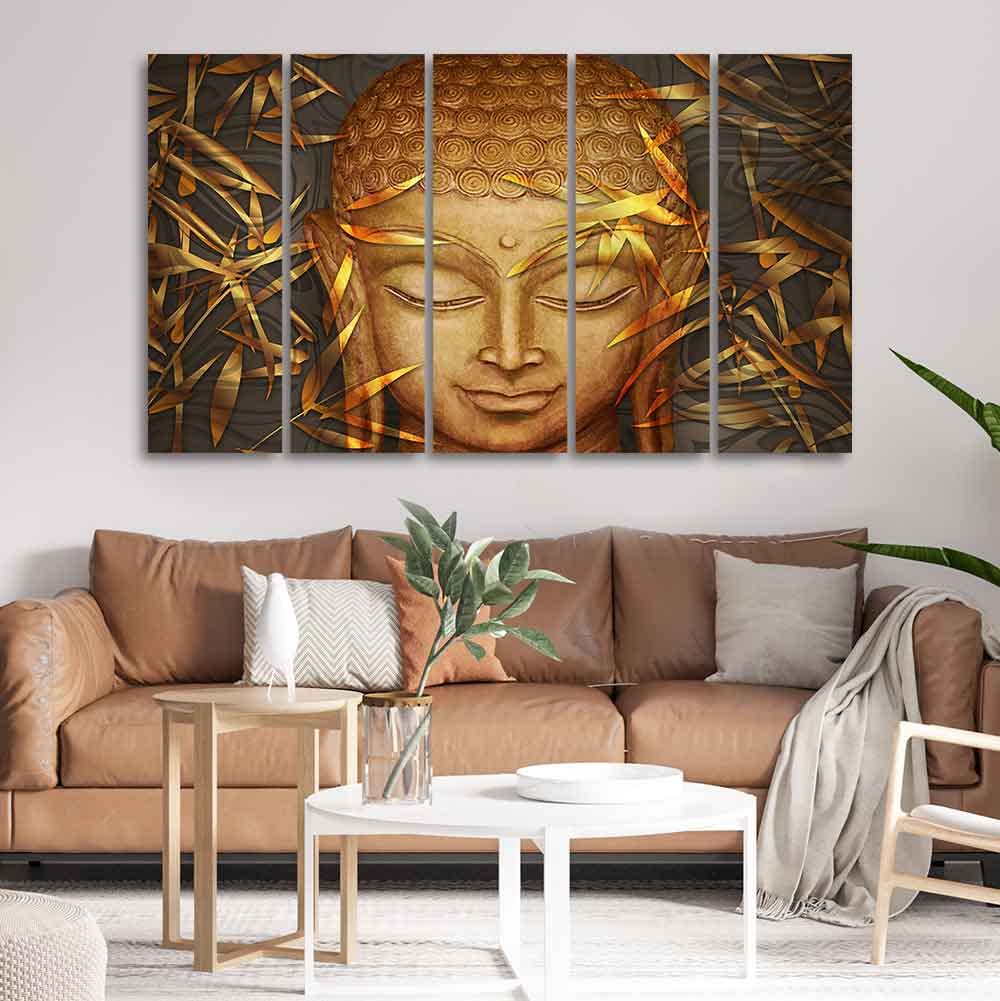 VIBECRAFTS Gautam Buddha with Serene Smile Wall Painting Set of Five Pieces For Home|Office|Living Room|Gift (PTVC5Pcs4_8682)