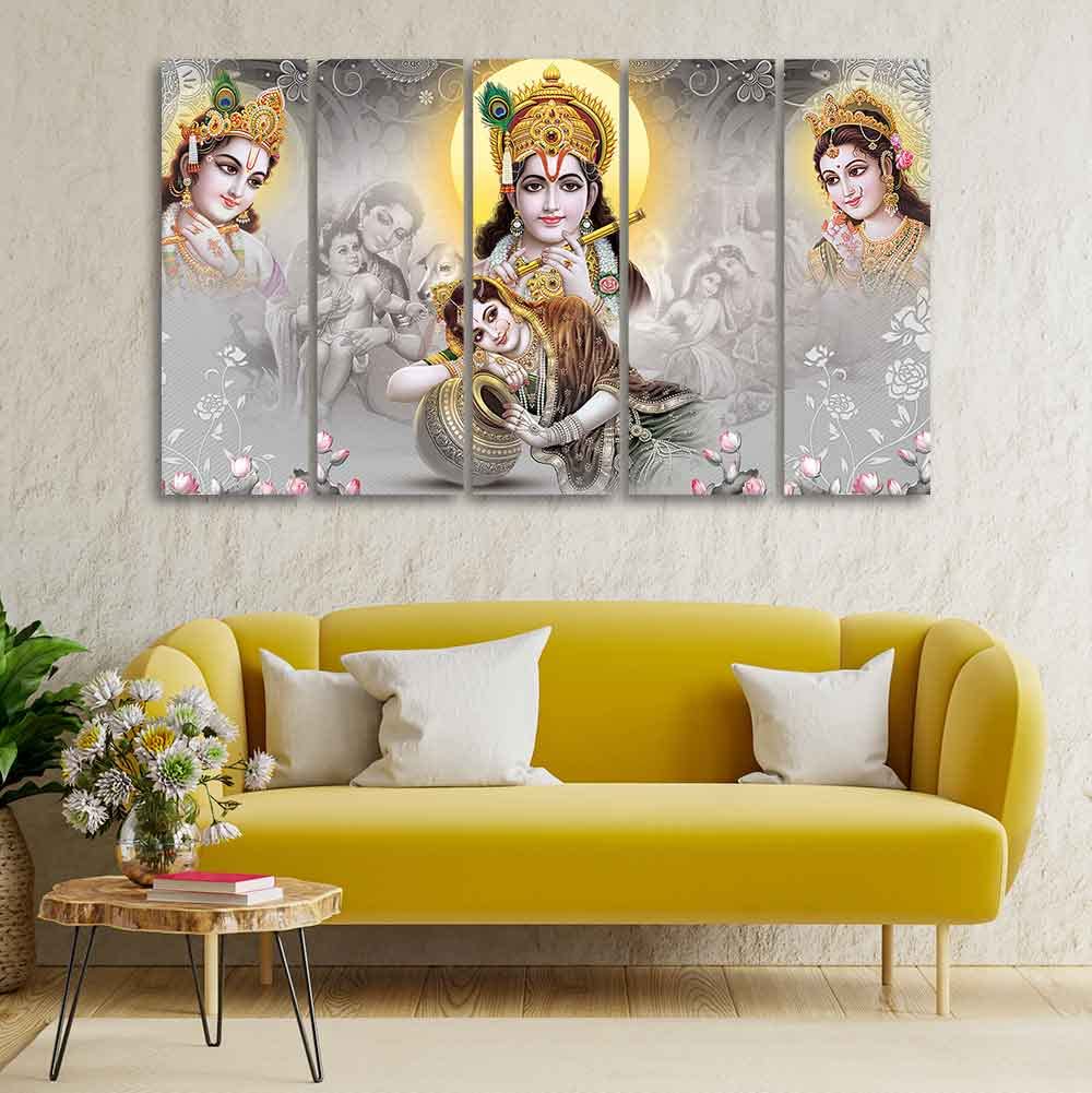 VIBECRAFTS Radha Krishna Premium Wall Painting of Five Pieces For Home|Office|Living Room|Gift (PTVC5Pcs4_8732)