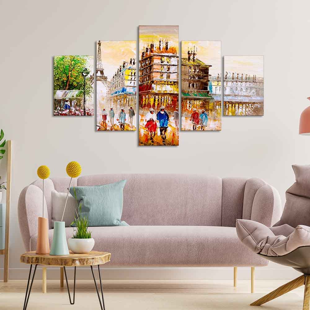 VIBECRAFTS Street View of Paris Canvas Wall Painting Set of Five Pieces For Home|Office|Living Room|Gift (PTVC5Pcs1_5526)