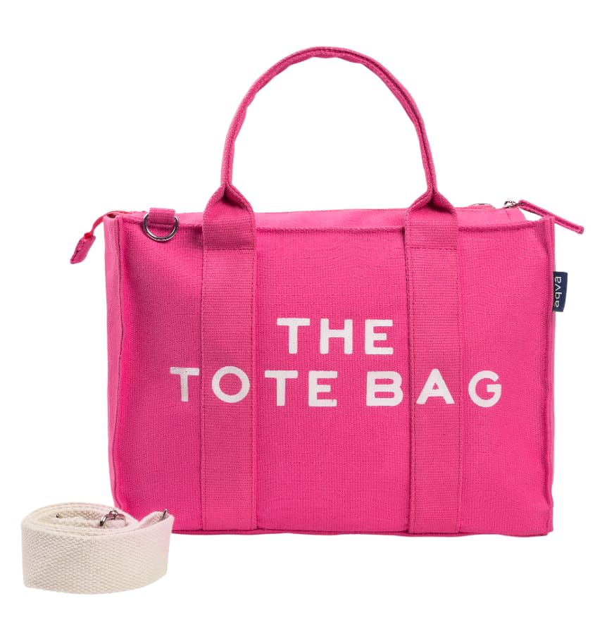 AQVA Printed Cotton Canvas Tote Bag with Detachable Sling Strap for Women | Large Capacity | Stylish Multipurpose Handbag with Zipper | Shoulder Bag for Laptop, Office & Travel (Pink)