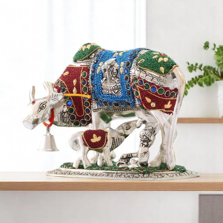 KridayKraft Gold Plated Kamdhenu Cow with Calf Metal Statue for Good Luck Feng Shui & Vastu Showpiece Religious Idol Fingures for Home and Office Table Decor