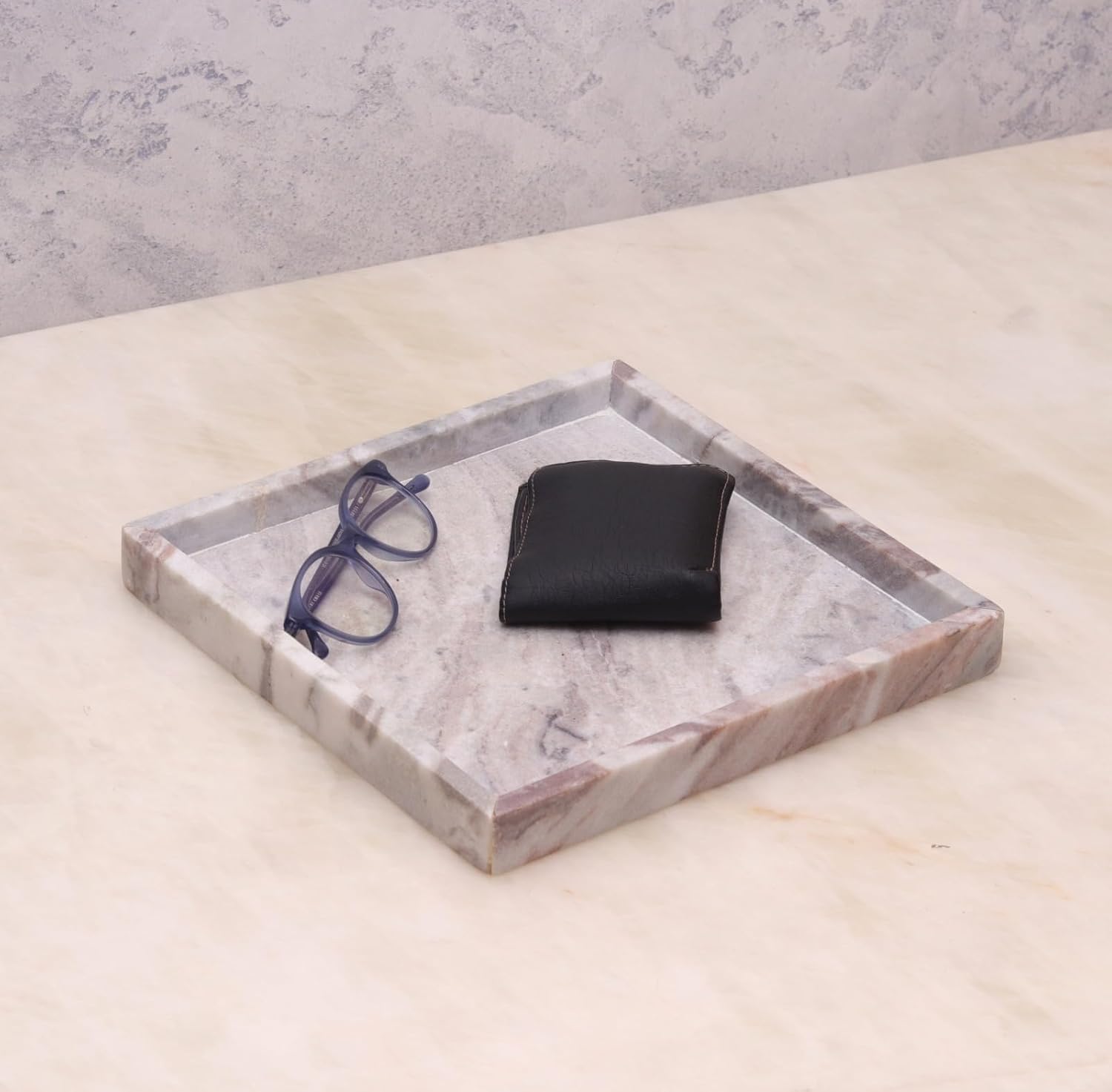 Decorage Rectangular Marble Tray 8x8 Inches | Raised Edges | Multipurpose Decorative Organizer | Elegant Marble Vanity Platter for Kitchen, Dining Table, Bathroom & Home Decor - Beige