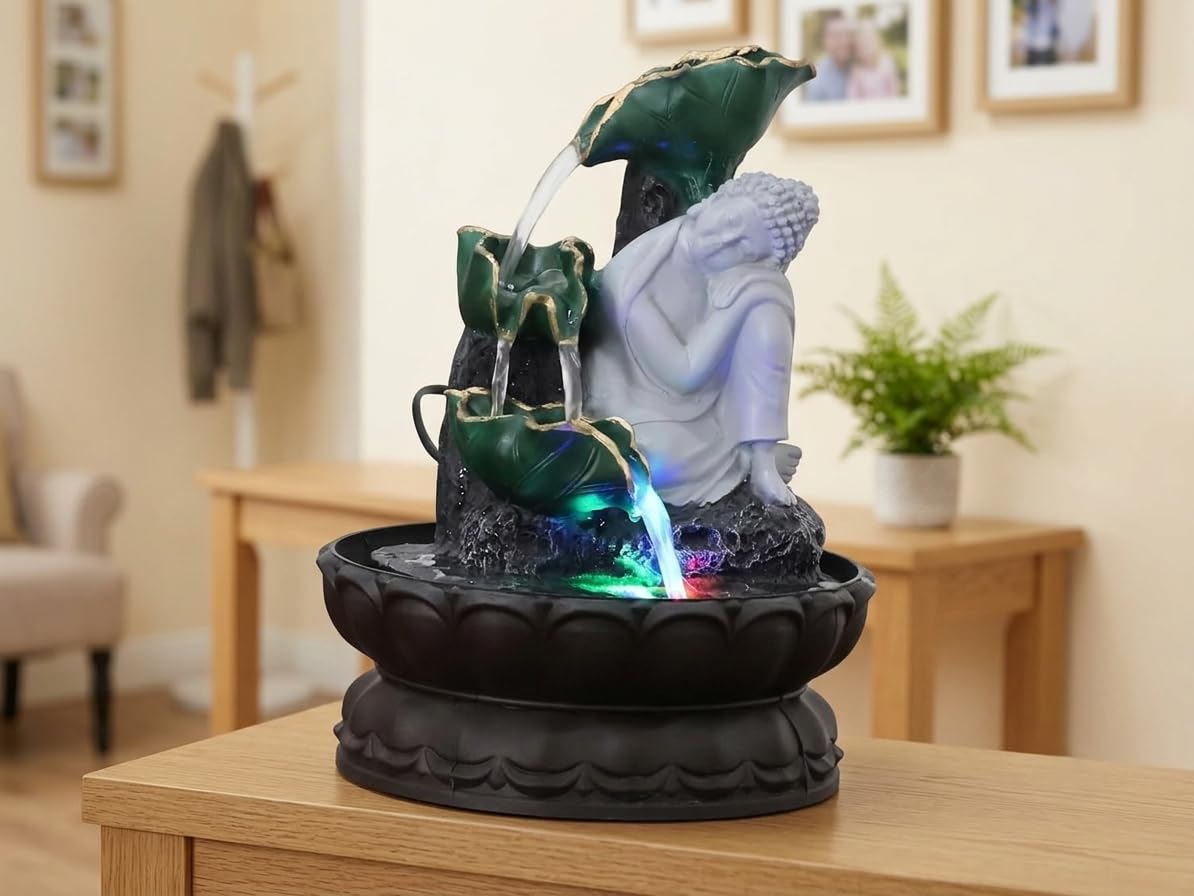 Kridaykraft Resting Buddha Tabletop Water Fountain with LED Lights – Decorative Indoor Waterfall Showpiece for Living Room, Office Desk & Meditation Decor (Multicolor)