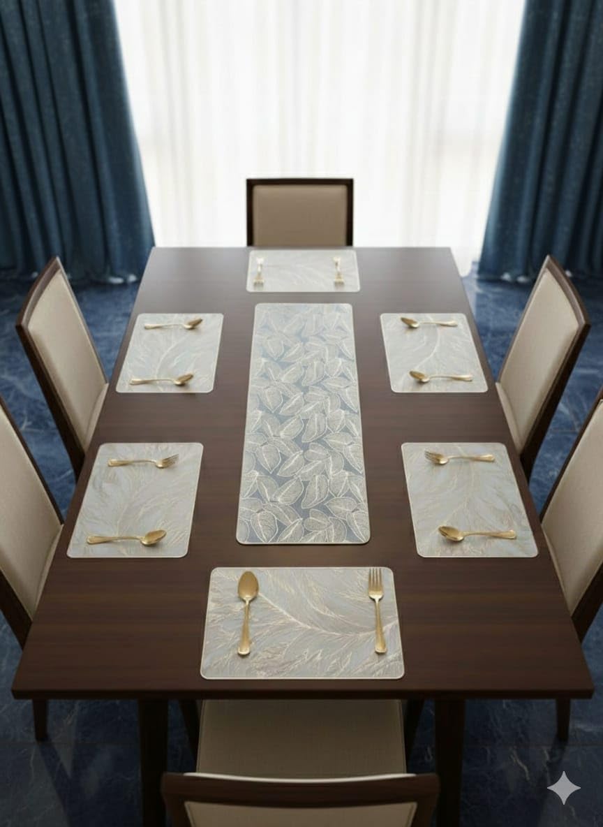 Dining Table Mats Set with Table Runner Leaf Design Placemat Set for Dining Table Stylish Table Mats (Modern ractangle Table mat +Luxury Gold Skeletal Leaf Table Runner, Pack of 9 (8+1)) Kafalo