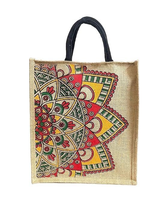 JuteLuv-Jute Bag with designer print | Shopping Bag | Office bag | Tiffin Bag | Multipurpose | Eco Friendly with Zip| Soft cotton handles|Spacious| Water resistant with heavy Jute Fabric (Pack of 5)