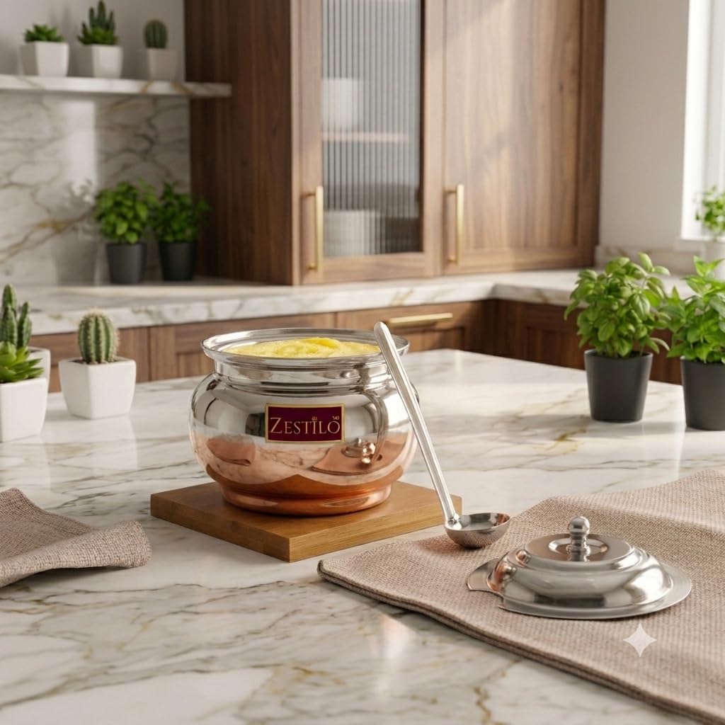 ZESTILO Stainless Steel Ghee Pot Copper bottom Finish Ghee Container for Kitchen | Multipurpose Oil Container | Capacity of 400 ml