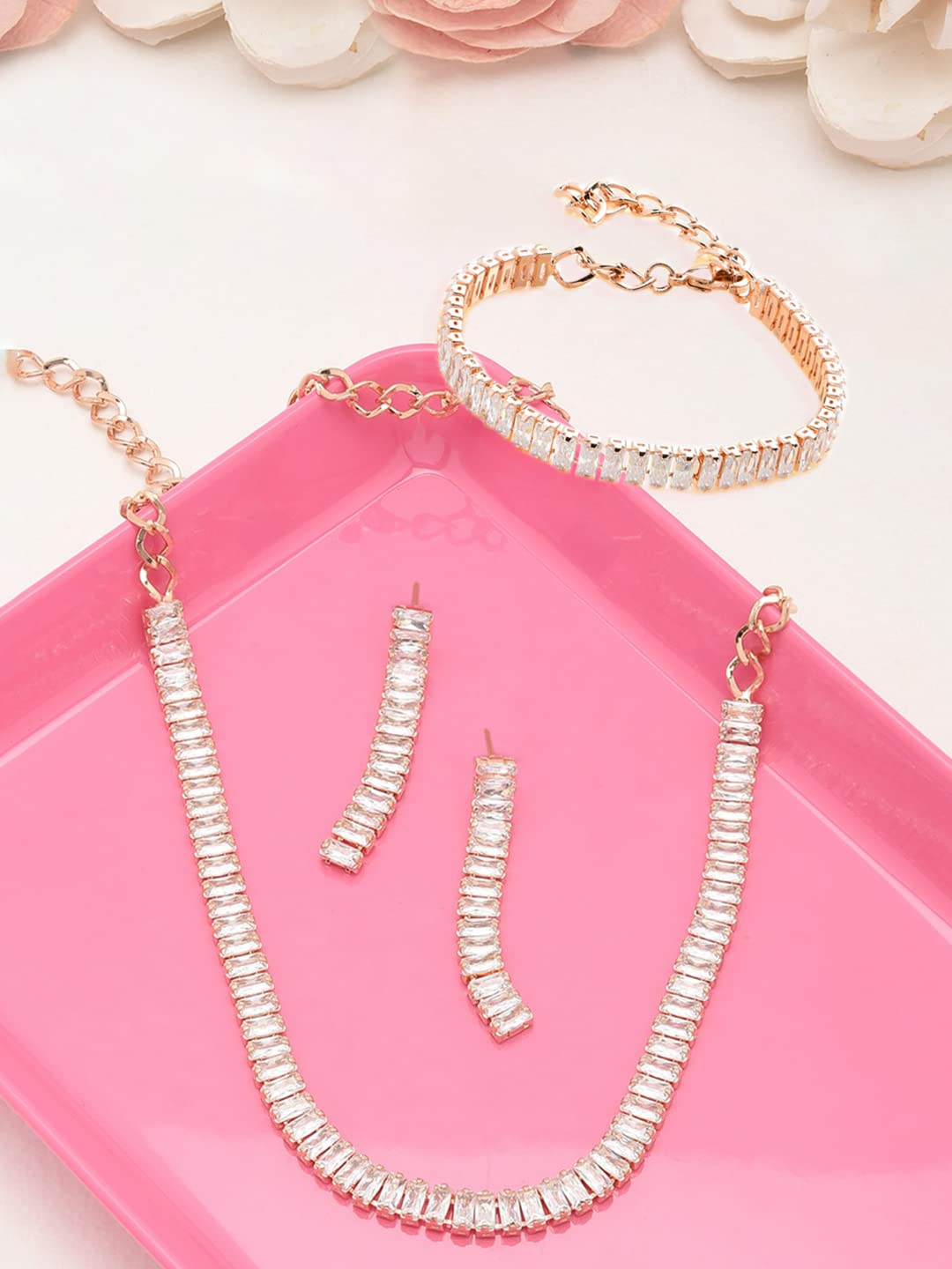 ZAVERI PEARLS Rose Gold Dazzling Baguette Cubic Zirconia Necklace Earring & Bracelet Set For Women-ZPFK12570