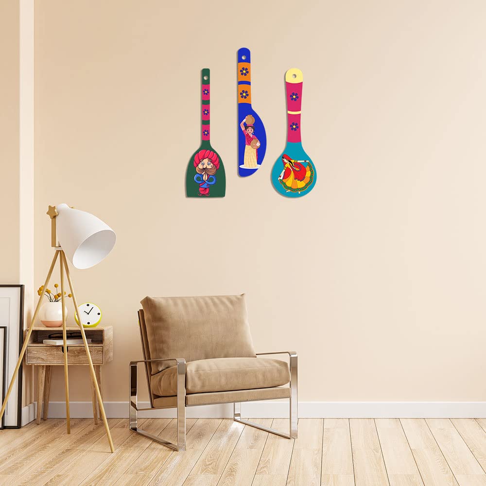 Artvibes Traditional Indian Rural Art Caricature Decorative Wall Art MDF Wooden Wall Hanger for Living Room | Home Decor | Wall Accent | Wall Art Print | Unique Gift Items (WH_5017N), Set of 3
