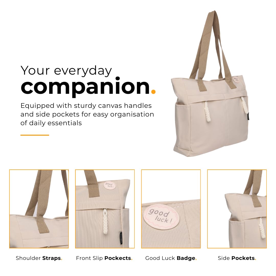 Tressential Canvas Tote Bag, HandBag for Women, Multi-Pocket Design, Casual Style for Office & College (Ivory)