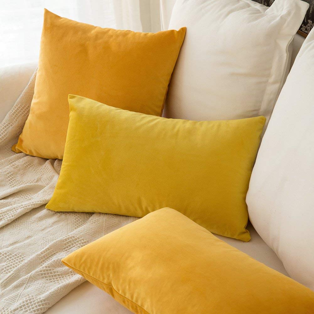 Khooti Velvet Cushion Cover, 20x20 | Orange Yellow | Pack of 2 | Solid Plain Soft & Smooth, Decorative Cushion Covers for Living Room, Bedroom, Couches, Chairs, Sofas, Beds & Home Decor