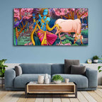 VIBECRAFTS Canvas Paintings for Living Room Drawing Room Krishna Playing Flute Pink Trees in Background Canvas Wall Painting Fitted with Wooden Frame for Home|Office|Gift(PTVCH_2273)