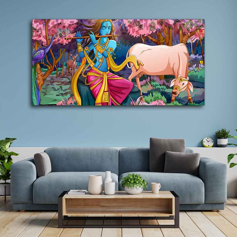 VIBECRAFTS Canvas Paintings for Living Room Drawing Room Krishna Playing Flute Pink Trees in Background Canvas Wall Painting Fitted with Wooden Frame for Home|Office|Gift(PTVCH_2273)