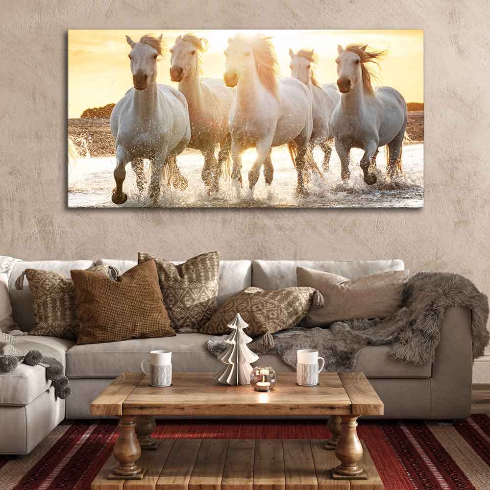VIBECRAFTS Canvas Paintings for Living Room Drawing Room Camargue White Horses Running In Seaside Premium Canvas Wall Painting Fitted With Wooden Frame for Home | Office | Gift (PTVCH_2333)