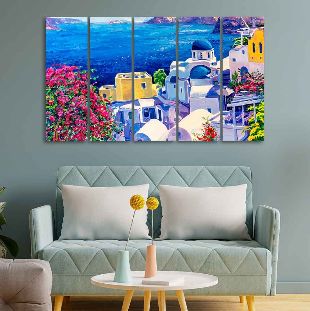 VIBECRAFTS Premium Canvas Wall Painting of Greek Scenery of Five Pieces For Home|Office|Living Room|Gift (PTVC5Pcs4_8740)