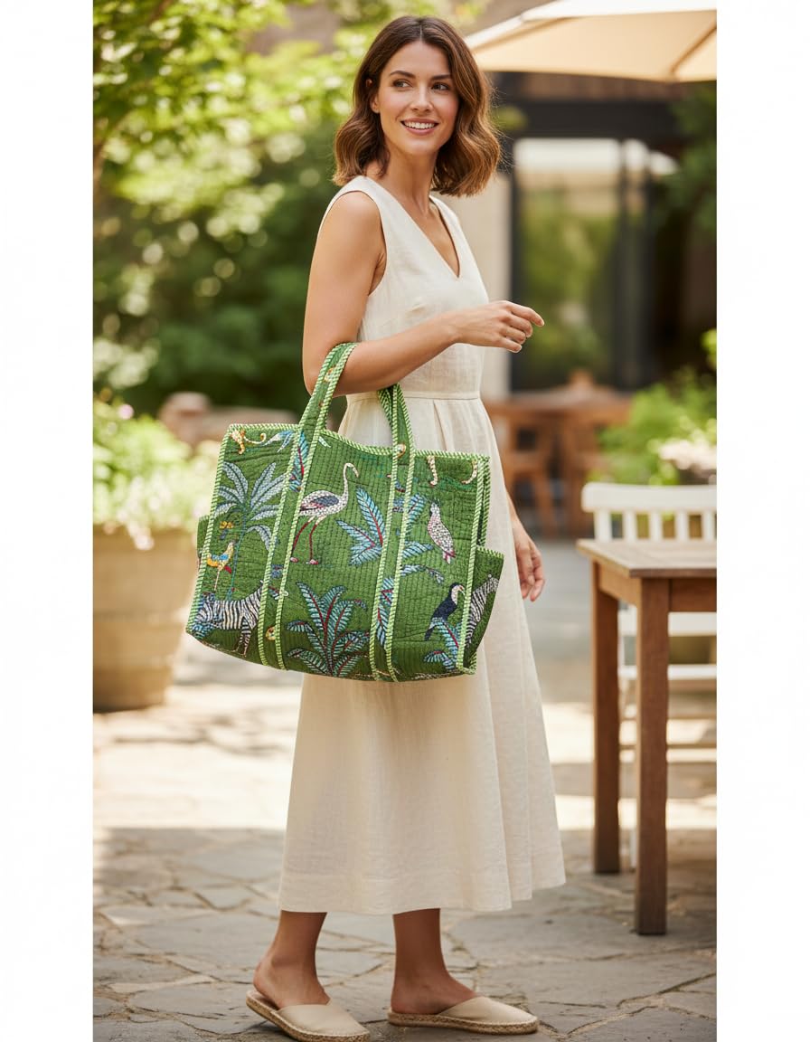 Nikavik Quilted Cotton Tote – Exotic Animal and floral Print Foldable and Ideal for Travel Shopping Beach Trips or Daily Essentials (Green)