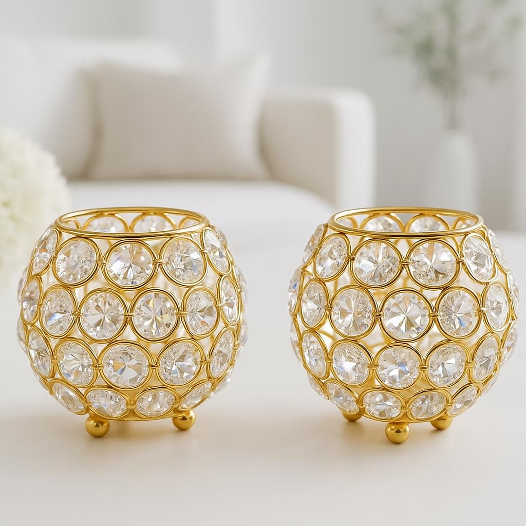 CentraLit Pack of 2 Tea Light Crsytal Candle Holder - Pooja Diya Decoreation Items for Home Diwali Brass Puja Item Unique Christams Diwali Gift Diya Lantern Items Home Decor Candle Light