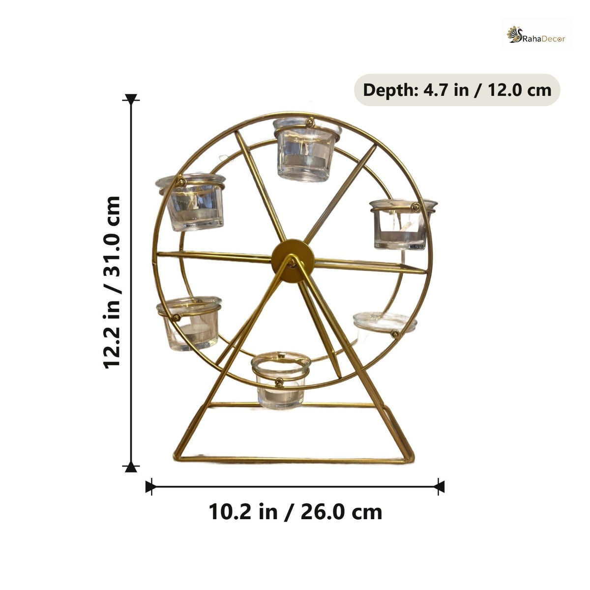 RahaDecor Ferris Cartwheel Tealight Candle Holder 31 cm | Gold Metal Decorative Candle Stand | Tabletop & Centerpiece Tea Light Holder for Living Room, Dining Table, Wedding, Festive & Home Decor