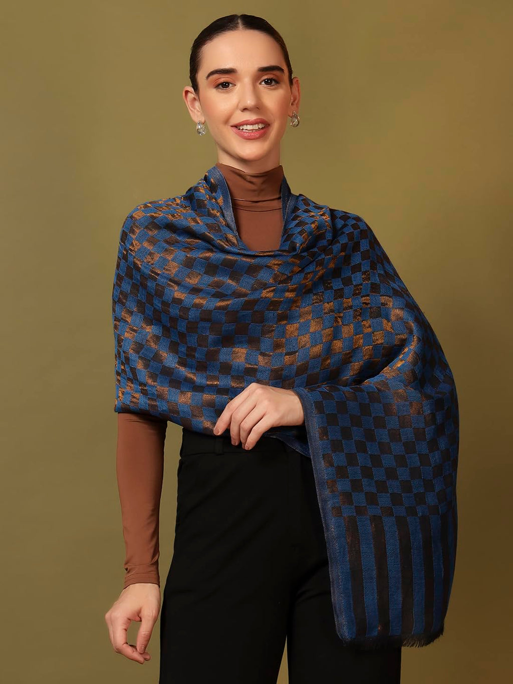Pashmoda Women Champagne Check Reversible Zari Moonlight Fine Wool Stole (Size : 28x80in, 71X203cm) ZSST02